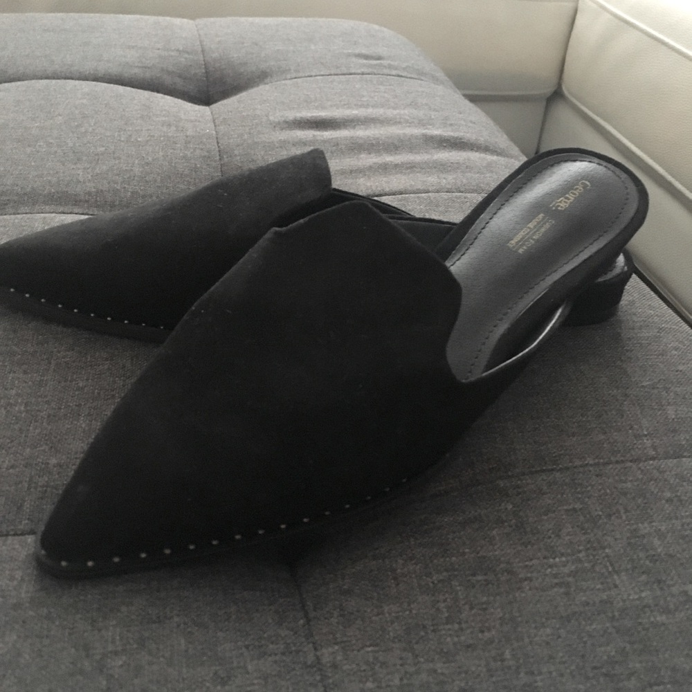 Black faux suede mules!